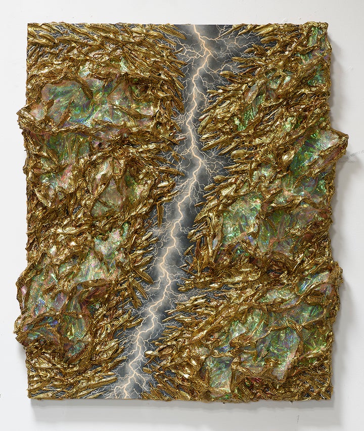 <p>Kelly Berg. Golden Electric, 2017. Acrylic, Ink, Iridescent Film, and Copper Wire Mesh on Wood. 30 x 24 inches </p>
