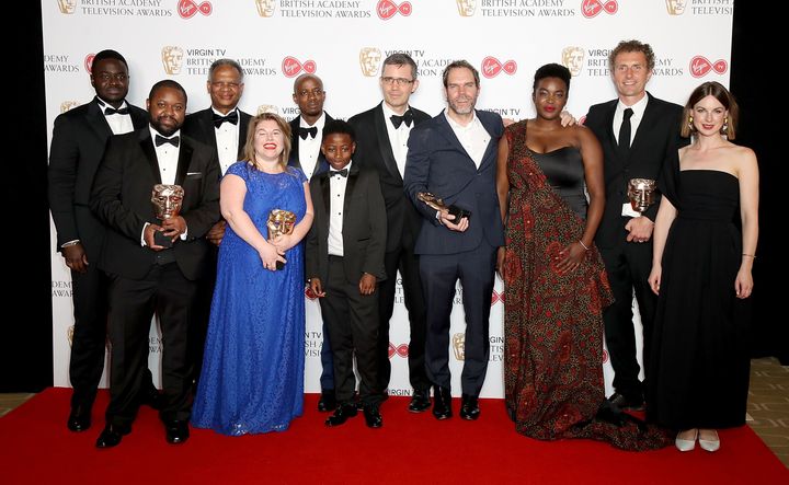 Damilola, Our Loved Boy received the best single drama prize at the British Academy Television Awards on Sunday; pictured above, (L to R) Babou Ceesay, Levi David Addai, (Damilola's father) Richard Taylor, Susan Horth, Sammy Kamara, Tunder Taylor, Adrian Kelly, Colin Barr, Wunmi Mosaku and Euros Lyn