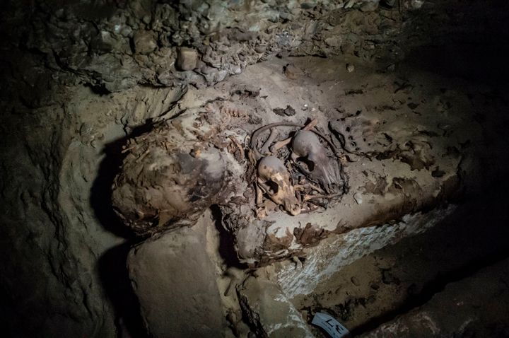 A mummy lying in catacombs after its discovery Touna el-Gabal district of the Minya province, in central Egypt