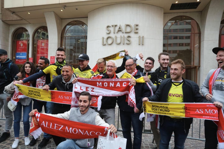 MONACO, MONACO - APRIL 19: Fansof AS Monaco and Borrussia Dortmund fraternize before the UEFA Champions League Quarter Final second leg between AS Monaco and Borussia Dortmund at Stade Louis II on April 19, 2017 in Monaco, Monaco.(Photo by Xavier Laine/Getty Images) Xavier Laine via Getty Images