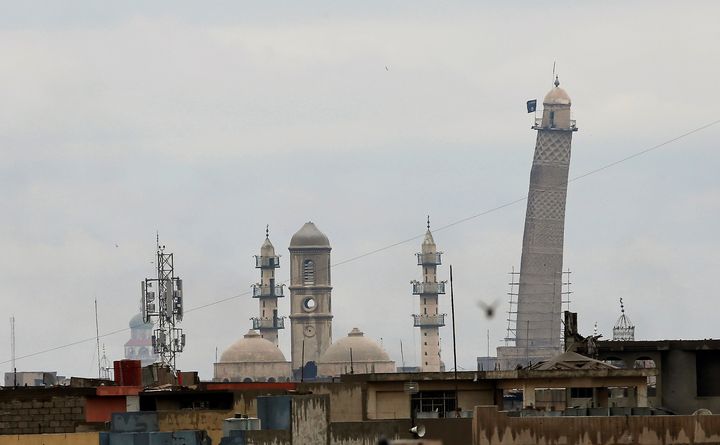 Mosul's Al-Habda minaret at the Grand Mosque, March 16, 2017.