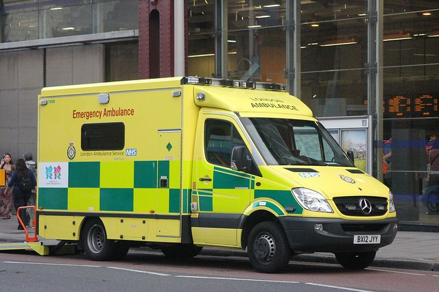 <p>National Health Service (NHS) ambulance outside of Waterloo Station, London.</p>