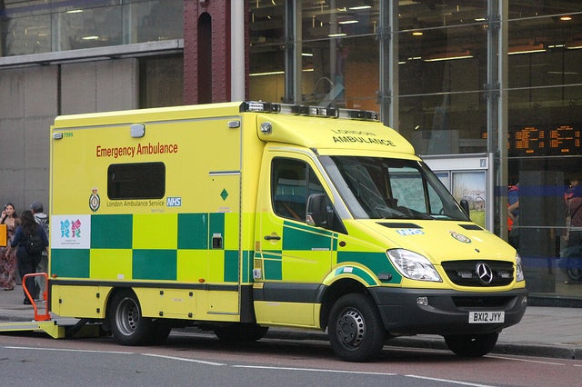 National Health Service (NHS) ambulance outside of Waterloo Station, London.