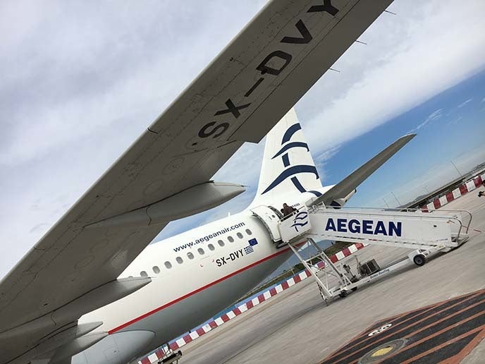 Aegean Airlines plane lands in Athens. 