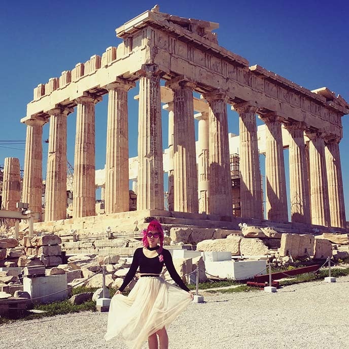 <p>La Carmina in front of the Parthenon, at the Acropolis.</p>