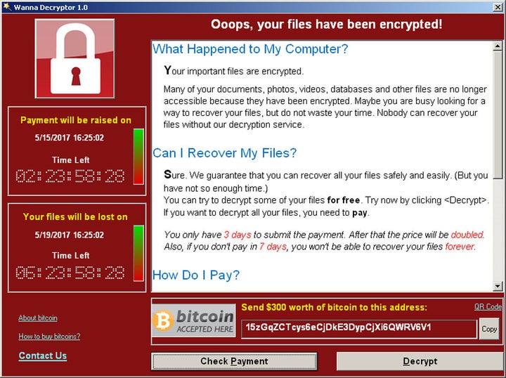 A screenshot shows a WannaCry ransomware demand, provided by cyber security firm Symantec, in Mountain View, California, U.S. May 15, 2017.