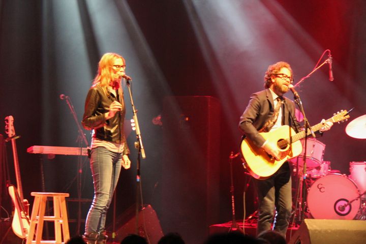 Aimee Mann (left) joins Jonathan Coulton for his opening set at the Boulder Theater.