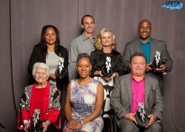 Standing L-R: Jeri Ingram, Jesse and Pam Ponwith, Malivai Washington; Sitting L-R: Connie Ebert, Katrina Adams, Harlon Matthews. Ebert was among the honorees, recognized for her decades if dedication to growing the game, at the 2015 USTA Annual Meeting and Conference held at the Boca Raton Resort & Club in Florida. 