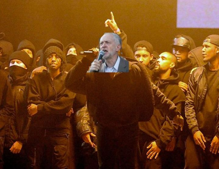 Corbyn's head photoshopped onto Kanye West's body on the Grime for Corbyn Twitter account