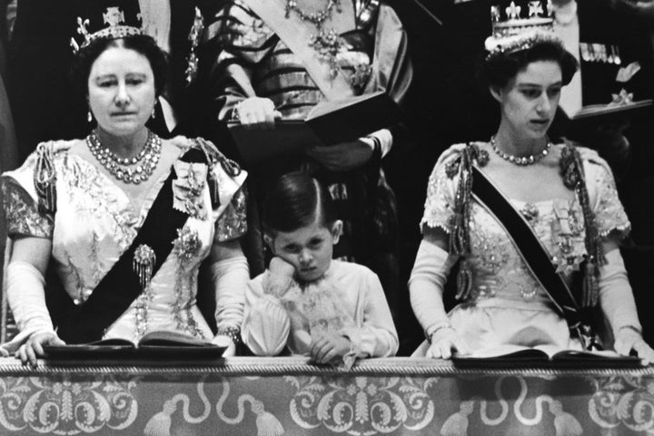 Prince Charles with his Aunt, Princess Margaret (right), and his Grandmother, Elizabeth the Queen Mother, at the 1953 coronation of his mother, Queen Elizabeth II.