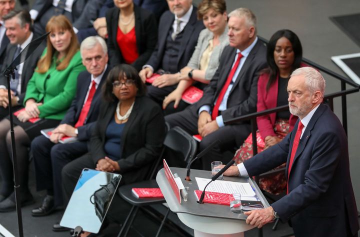 Corbyn and members of the Shadow Cabinet at Labour's manifesto launch this morning