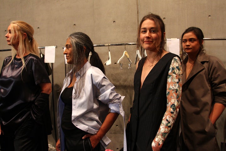 Models pose backstage ahead of the Thomas Puttick show at Mercedes-Benz Fashion Week Resort 18 Collections on May 15. 