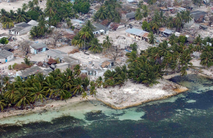 An aerial view of the tsunami-ravaged village of Kolhuvaariyaafushi, located in the Madlives’ in the southwestern Mulaaku Atoll, in January 2005.