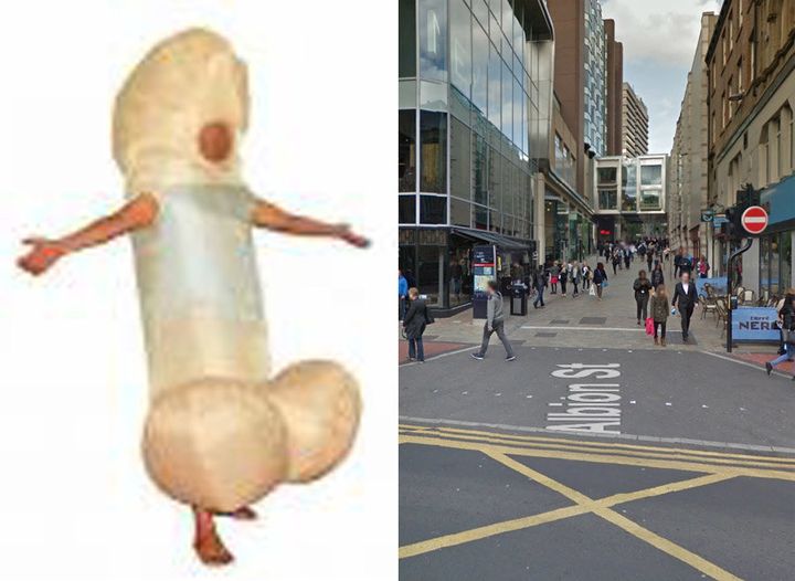 An image of a costume similar to the one the man wore, issued by police, and the part of Leeds city centre where the assault took place