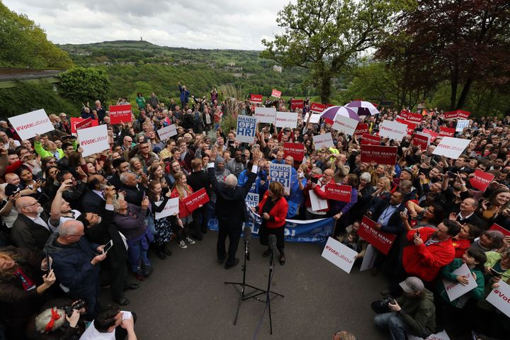 Jeremy Corbyn addresses supporters in Huddersfield.