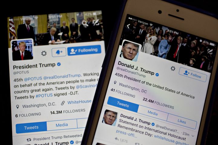 The Twitters of U.S. President Donald Trump, @POTUS and @realDoanldTrump, seen Friday, Jan. 27, 2017.