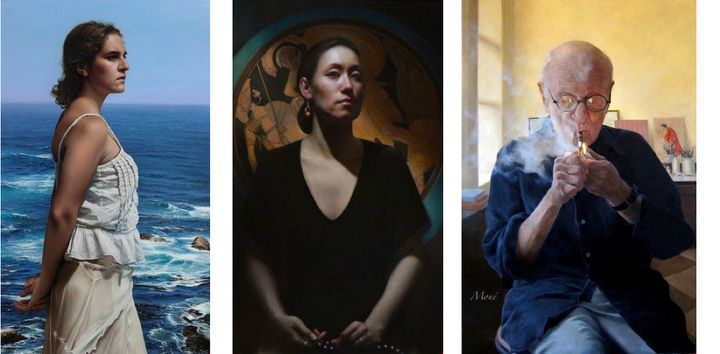 The Whale Watcher by Duffy Sheridan, Fritter and Waste by Emanuela De Musis, and Blowing Smoke (Portrait of Aaron Shikler) by Nicole Moné