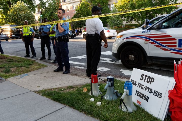Police secure the street on Embassy Row in Washington, D.C., during a visit by Turkish President Recep Tayyip Erdogan on Tuesday. Earlier a fight had erupted outside the Turkish ambassador's residence.