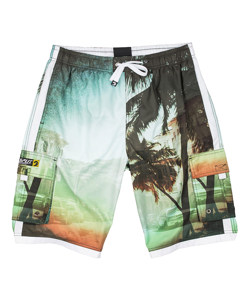 Dark Green Beach Photo Cargo Pocket Elastic Swim Trunks