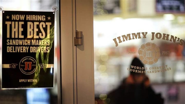 A sign advertising hiring opportunities at a Jimmy John’s sandwich shop. Jimmy John’s agreed to stop asking low-wage workers