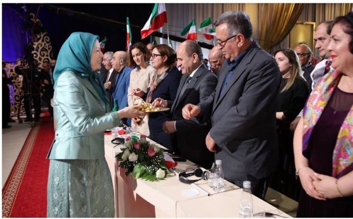 Elona Gjebrea at the March 2017 Mojahedin Khalq rally in Tirana, Albania with Maryam Rajavi