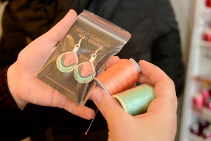 Earrings made by Syrian refugee women working with Drop Earrings, Not Bombs, an income-generation and community building project.