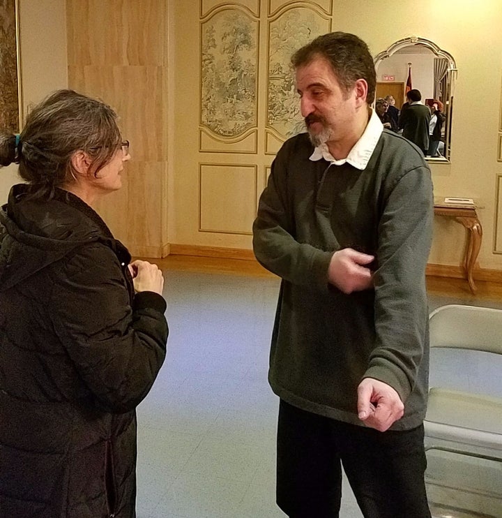 <p>Nancy Aykanian of Newton chats with Dr. Dikran Kaligian.</p>