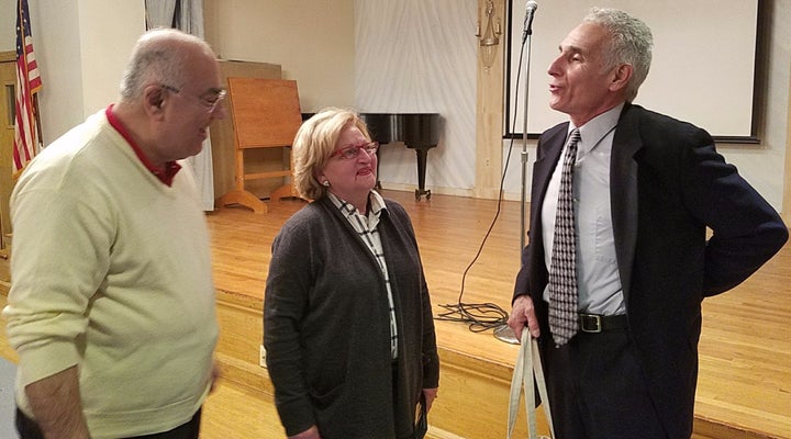 Hagopian (r) chats with Houry Boyamian, Principal of St. Stephen’s Elementary School, and husband Avo.