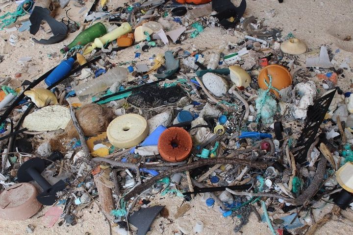 Trash is piled up on Henderson Island's East Beach.