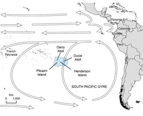 Arrows pointing counter-clockwise around Henderson Island indicate the direction of major oceanic currents that carry the trash.