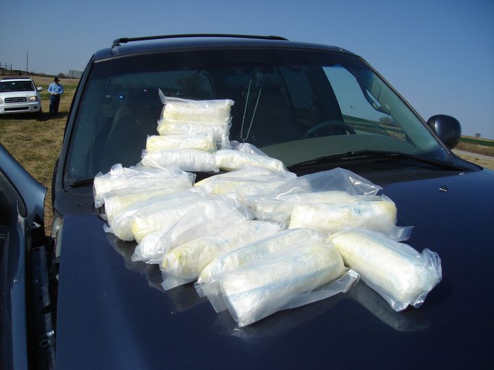 An Oklahoma narcotics agent displays 20 pounds of Mexican crystal meth seized from a drug dealer. As federal, state and local health officials focus on the opioid epidemic, the supply and use of methamphetamine is surging in Oklahoma and other Western, Midwestern and Southern states.