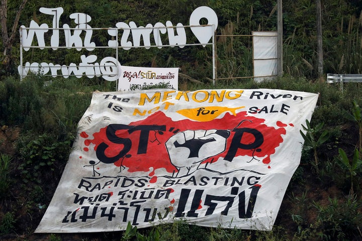 A protest banner against rapids blasting in the Mekong River at the border between Laos and Thailand.