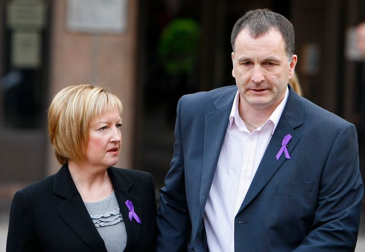 Mel and Steve outside Liverpool Crown Court in 2008, when their son's murderer had just been found guilty 