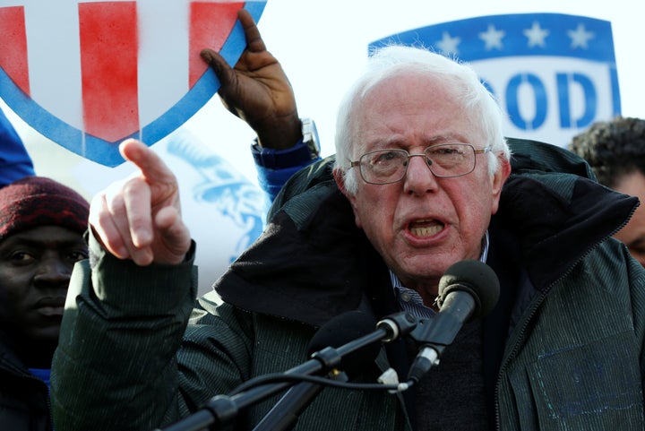 Sen. Bernie Sanders (I-Vt.) speaks at a federal contract workers rally to celebrate Andrew Puzder's decision to withdraw from consideration to be secretary of labor on Feb. 16, 2017.