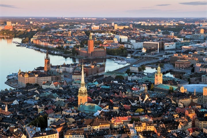 <p>An aerial view of Stockholm’s Old Town, Gamla Stan, in central Stockholm, site of Sweden’s Royal Palace, Riddar Church, Stock Exchange, and the Nobel Museum.</p>