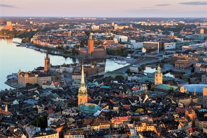 An aerial view of Stockholm’s Old Town, Gamla Stan, in central Stockholm, site of Sweden’s Royal Palace, Riddar Church, Stock Exchange, and the Nobel Museum.