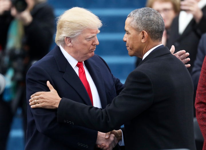 Barack Obama greets Donald Trump at Trump's inauguration on Jan. 20, 2017.