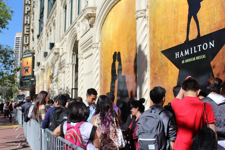 Students line up to see "Hamilton" in San Francisco on May 3, 2017.