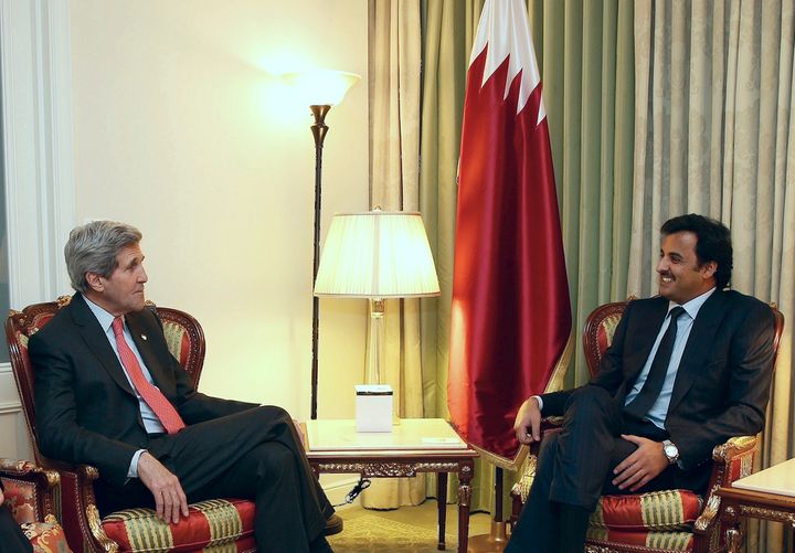 Qatar's hereditary ruler, Emir Tamim Al Thani, with then-Secretary of State John Kerry. The emir and other Gulf leaders are expected to meet President Trump on Sunday.