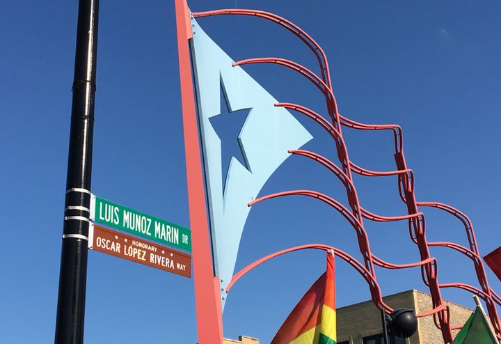 A photo of the honorary sign erected for Oscar Lopez Rivera in Chicago's Humboldt Park neighborhood. 