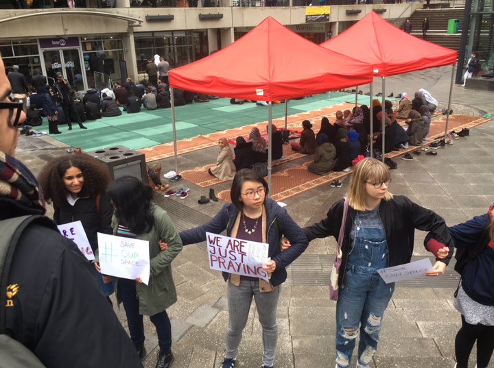 Muslim students protested news UEA was closing the prayer room by praying in the centre of campus 