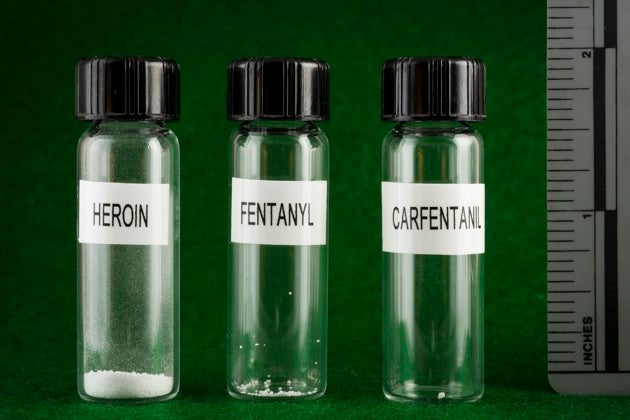 <p>Comparing the size of lethal doses of heroin, fentanyl, and carfentanil. The vials here contain an artificial sweetener for illustration. </p>