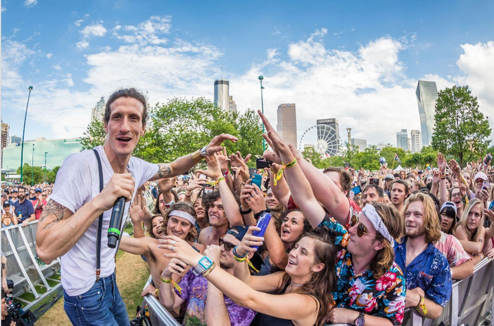 The Revivalists’ singer, David Shaw, interacts with the crowd at the Shaky Knees Music Festival in Atlanta on May 13, 2017. T