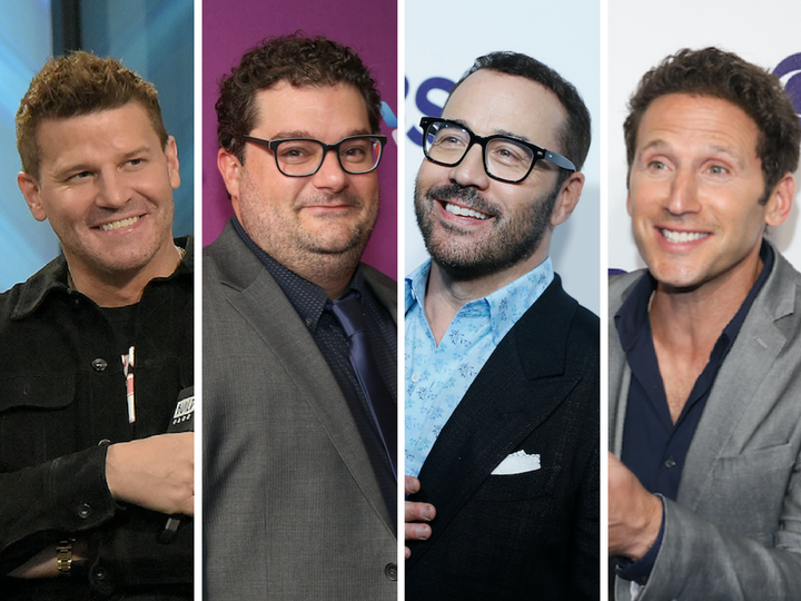 From left, “SEAL Team” star David Boreanaz, “Me, Myself & I” star Bobby Moynihan, “Wisdom of the Crowd” star Jeremy Piven and “9JKL” star Mark Feuerstein, all coming to CBS.