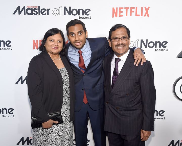 Aziz Ansari (center) with his parents Fatima Ansari and Shoukath Ansari attend the 'Master Of None' Season 2 Premiere at SVA Theatre on May 11, 2017 in New York City.