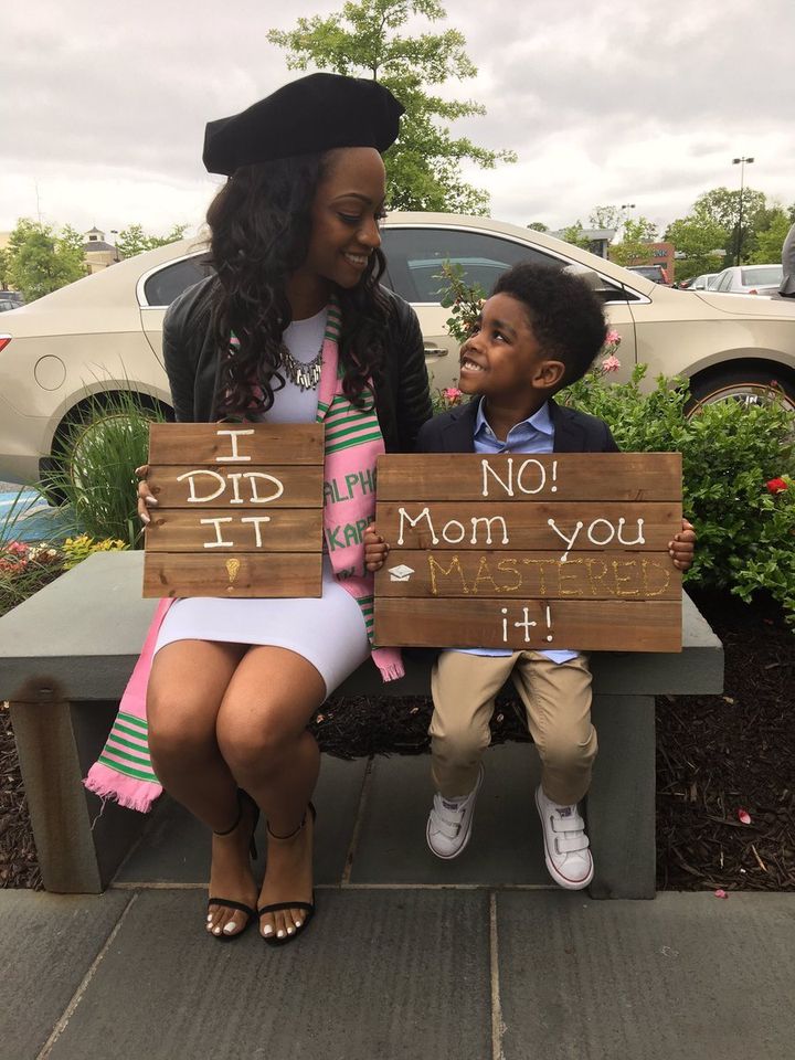 Brittney Brooks and her 4-year-old son, Mason, celebrated the day she earned her master's degree with a now viral photo.