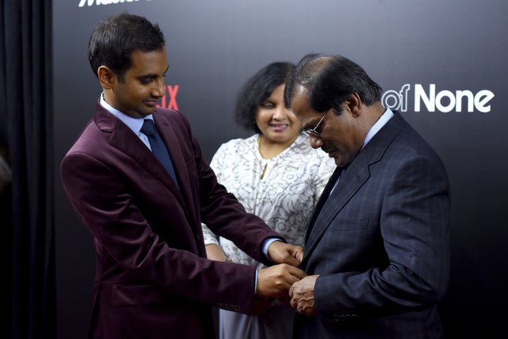 Aziz Ansari, Fatima Ansari, and Shoukath Ansari attend the 'Master Of None' New York premiere at AMC Loews 19th Street East 6 Theater on November 5, 2015 in New York City.