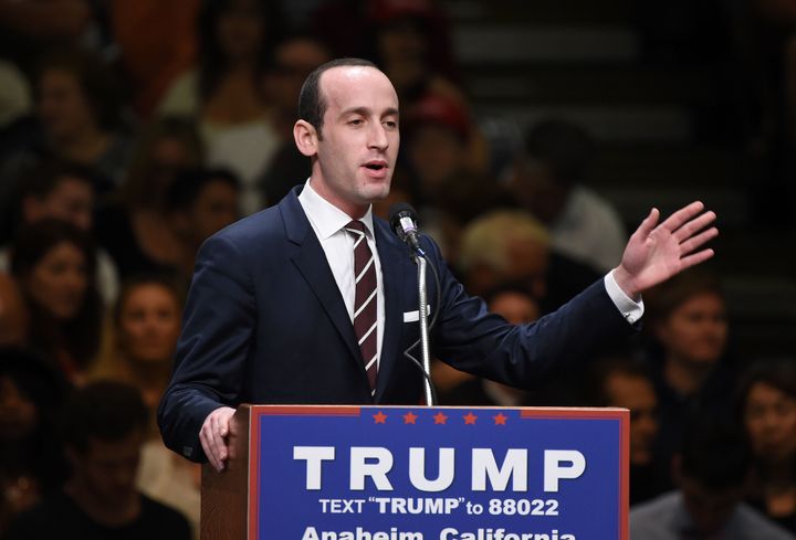 Stephen Miller, a senior policy advisor to the presumptive Republican presidential candidate Donald Trump, speaks at a campaign rally, May 25, 2016 in Anaheim, California.