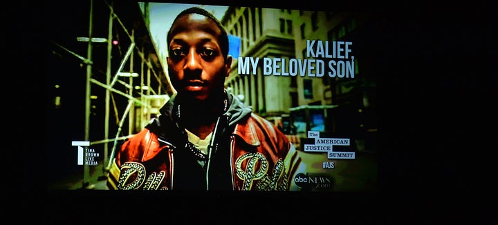 A photo of Kalief Browder, seen at a panel attended by his mother in 2016. Browder spent three years locked up at R