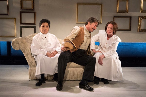 From left, Mia Katigbak (Gertrude Stein), Grant Neale (Ernest Hemingway) and Alyssa Simon (Alice Toklas) in “The Marriage of